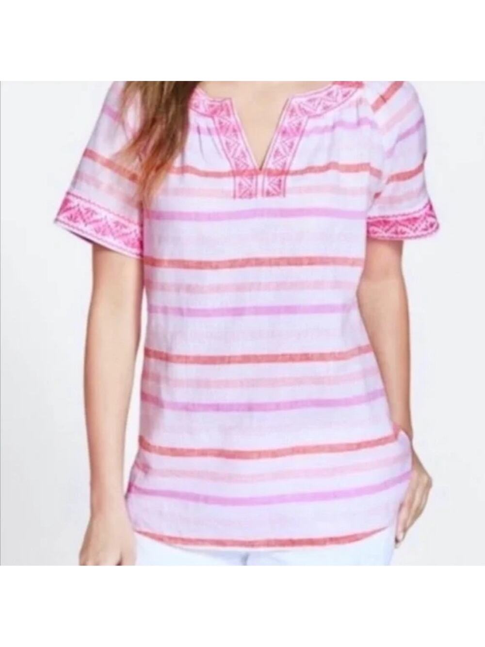 Vineyard Vines White With Pink Stripe Short Sleeve Embroidered Shirt Size XS